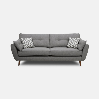 Grey sofa with angled arms and button-back cushions